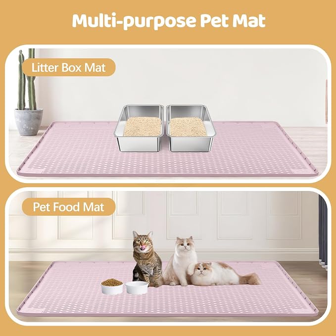Silicone Cat Litter Mat for Litter Box 50”x35” Large Cat Mat, Pink | Waterproof, Non-Slip, Leak-Proof Rug Mat with Lip, Easy to Clean, Extra Large Litter Catcher Mat for Floor
