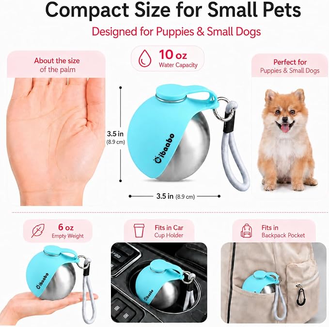 Cibaabo 2 in 1 Portable Dog Water Bottle with Bowl, 10 oz Stainless Steel No-Spill Travel Pet Water Dispenser with Collapsible Silicone Bowl for Small Dog & Puppy Walking Hiking Outdoor