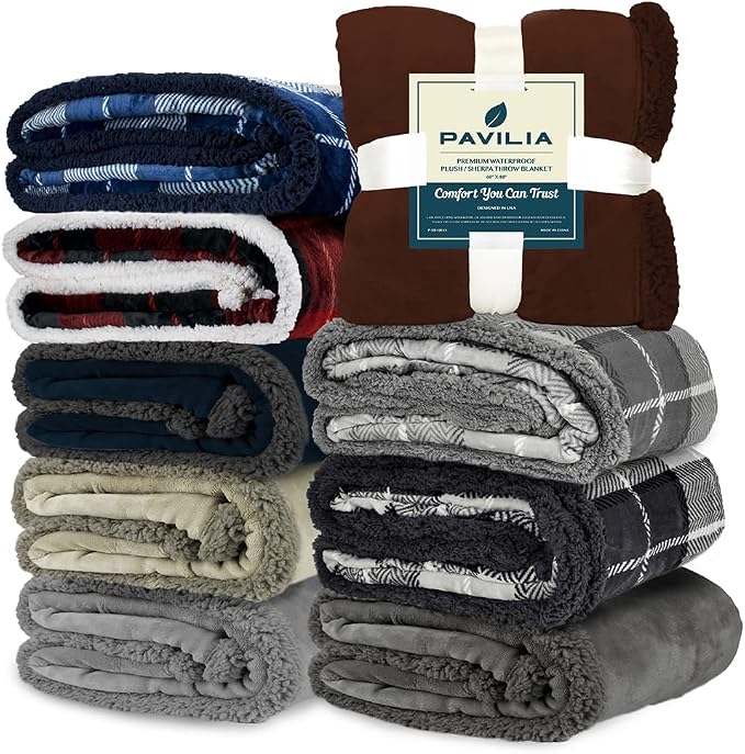 PAVILIA Waterproof Blanket for Couch, Sofa | Waterproof Dog Blanket for Large Dog, Puppy, Cat | Pet Blanket Protector | Plush Soft Warm Fuzzy Sherpa Blanket Bed Throw, Plaid Light Grey, 60x80