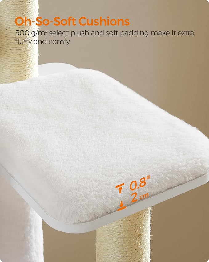 Feandrea Cat Tree, 65-Inch Multi-Level Tower with 5 Scratching Posts | Modern Cat Condo for Indoor Cats, Perch, Washable Removable Cushions, Cloud White, CAEN Collection UPCT166W01