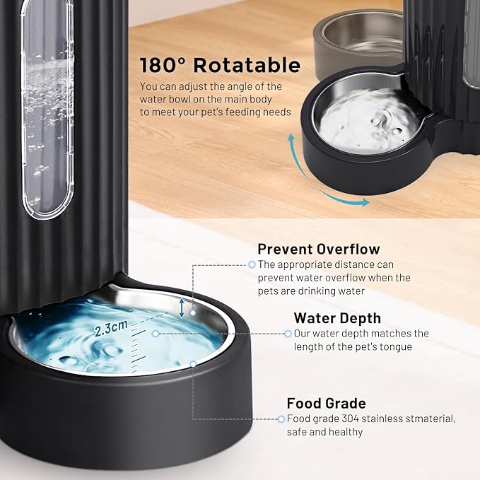 ZOMISIA Gravity Cat Food and Water Dispenser Set with 304 Stainless Steel Bowls, 2 in 1 Automatic Cat Feeder with 180 Degree Rotatable Water Bowl, Large Capacity for Puppy Kitten Rabbits, Grey