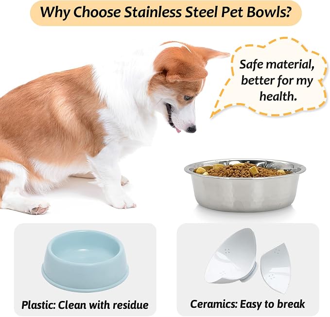 Fhiny 3 Pack Hammered Stainless Steel Dog Bowls, 4 Cups/32 Oz Premium Metal Puppy Feeder Bowl Set for Raised Feeding Station Basic Kitten Food & Water Dishes for Small & Medium Pets Dishwasher Safe