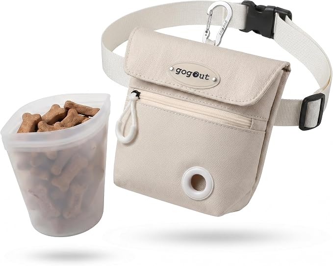 Dog Training Treat Pouch with Silicone Treat Bag, Magnetic Closure, Poop Bag Dispenser, Zippered Pocket, Metal Clip and Adjustable Waist Belt, Beige
