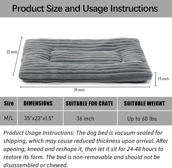 Dog Beds Crate Pad for Medium to Large Dogs Ultra Soft Dog Mat for Crate or Cage 36 Inch Washable and Anti-Slip Fluffy Flat Kennel Pad for Pets Cozy Sleeping Mattress Cushion,35" x 23",Grey