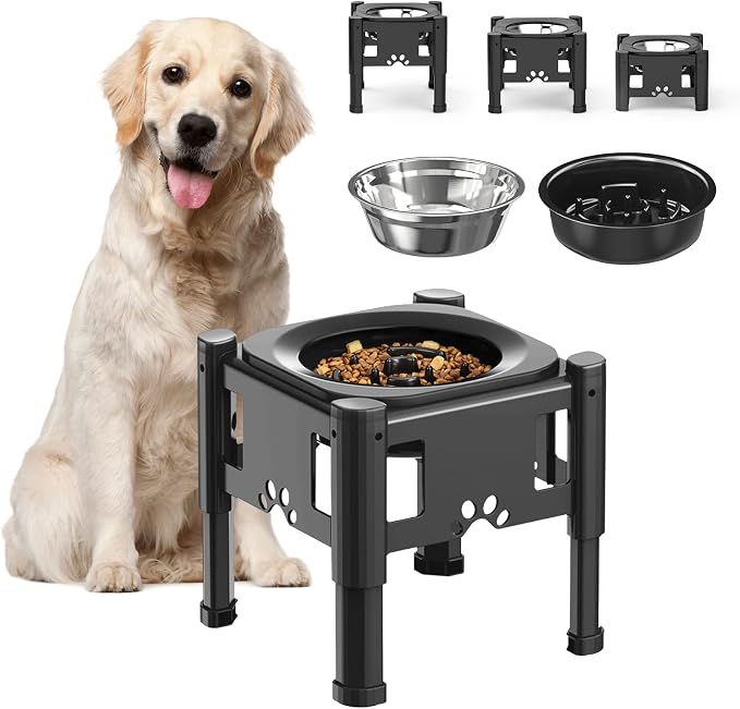 Lewondr Elevated Slow Feeder Dog Bowls with 3 Heights Adjustable Stand | Stainless Steel & Slow Feeder Bowls, Adjustable Dog Slow Feeder Bowl Non-Slip Dog Bowl Stand for Medium Large Breed