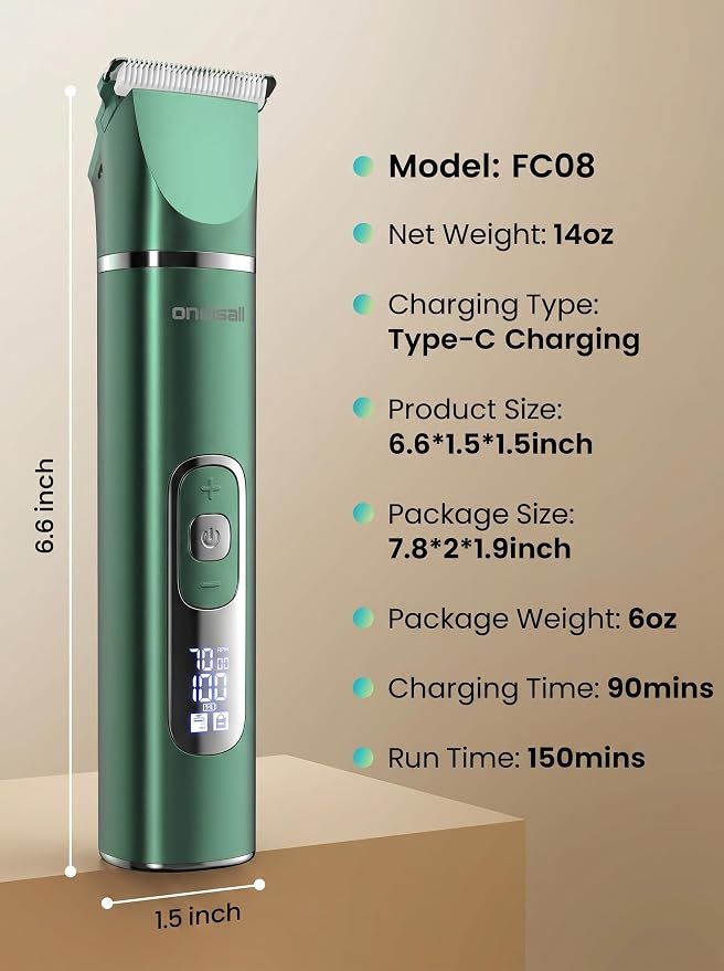 oneisall 4 in 1 Dog Grooming Kit with LCD Display Green | Paw Hair Trimmer & Nail Grinder, Rechargeable, Cordless, Low Noise, IPX7 Waterproof, 3 Speeds Pet Grooming Clippers
