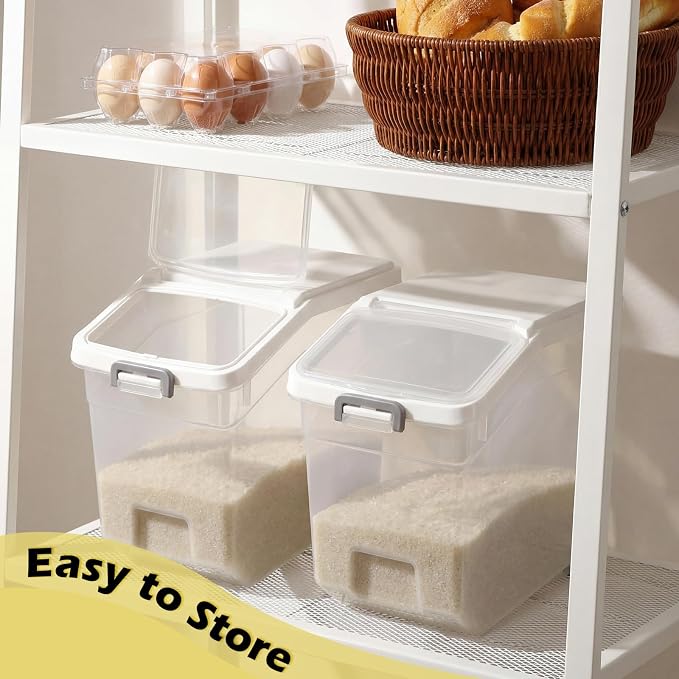 Sunnyray 4 Pcs Rice Storage Container 38 lb Flour Container with Wheels Measuring Cup Clear Pet Food Bin Dog Birds Cat Food Bin Grain Cereal Organizer Box for Dry Baking Supplies(White Lid)