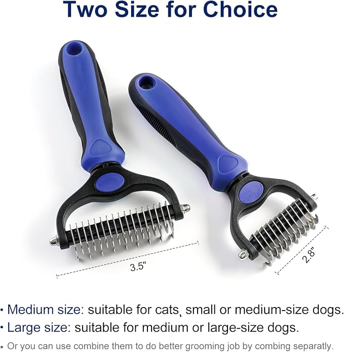 Grooming Rake for Dogs & Cats, Double-Sided Deshedding Brush, Extra-Wide Dematting Tool, Slicker Comb for Undercoat & Loose Hair Removal, Reduces Shedding by 95%, Blue, Small