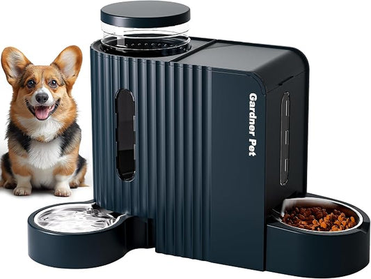 Gardner Pet Automatic Cat Feeder and Water Dispenser, 1.8 Gallons*2 Gravity Food Dispenser Set with Stainless Steel Bowls, Large Capacity for Multi Cats, Small Medium Puppies(Dark Blue)