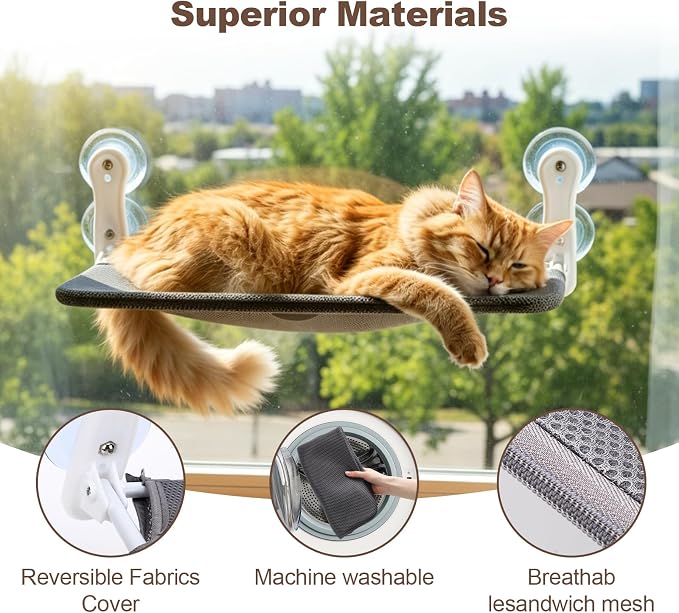 Renter Friendly Cat Shelves, Cat Window Perch Hammock Bed with 4 Suction Cups, Cordless Foldable Metal Frame & Reversible Cover, Indoor Window Hammock