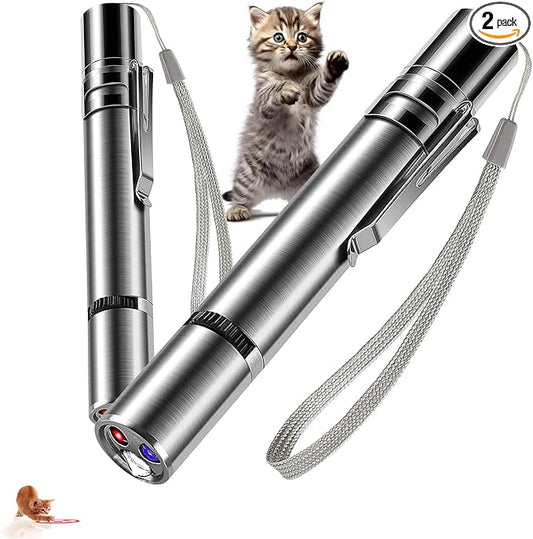 2 Pack Cat Toys, Interactive Light Toy with 3 Light Modes & 5 Patterns, USB Rechargeable Pet Pointer for Cats Dogs Birds, 20-Min Fast Charge, Stainless Steel Teaser Toy with UV Detection & Flashlight