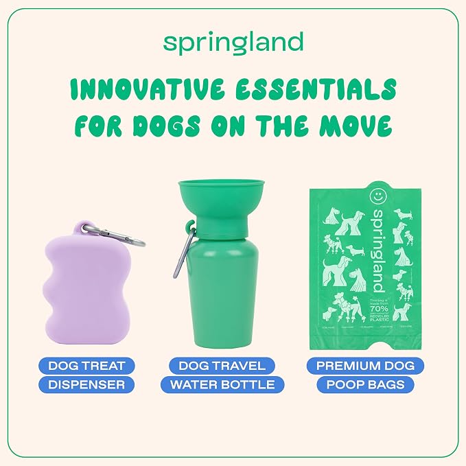 Springland Silicone Dog Training Treat Pouch for Leash, Lilac | One-hand squeeze dispenser, food-grade silicone, BPA-free, carabiner included, easy-fill holder for rewards on the go