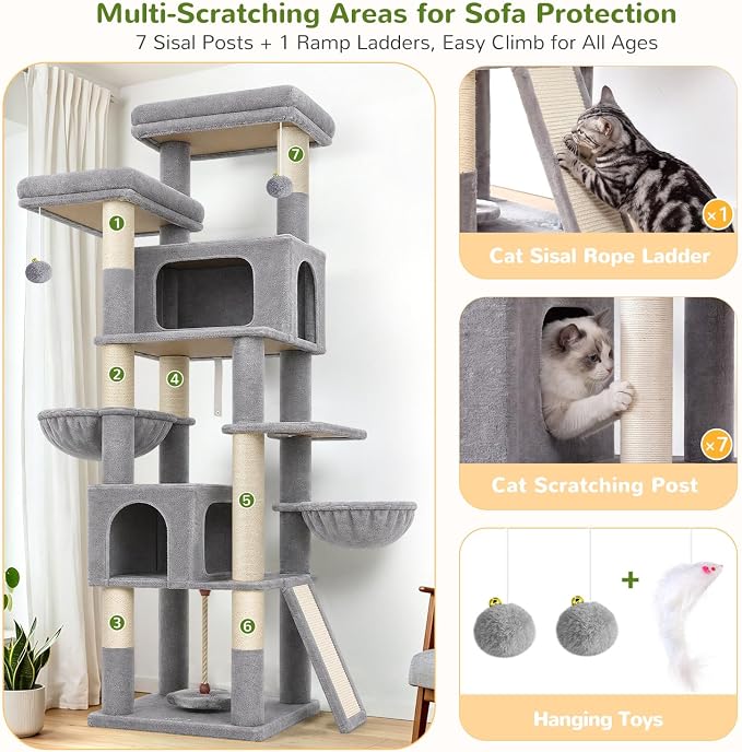 Globlazer 75in Tall Cat Tree Tower for Indoor Cats, F75B, Beige | Large Cat Tree for Indoor Cats Large Adult, Multi-Level Cat Tower with 7 Scratching Posts, 2 Cat Condos, 2 Top Perches