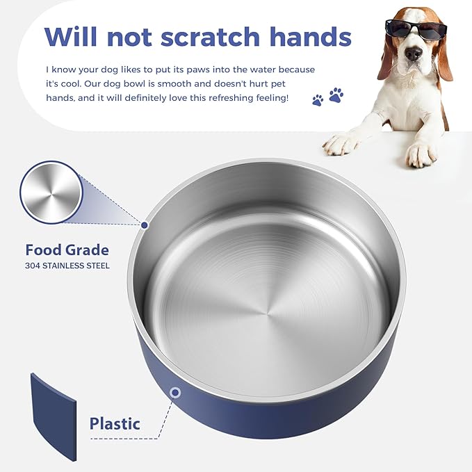 WENBOKMIN Dog Bowl, Stainless Steel Dog Food and Water Bowl with Non Slip Quiet Bottom, Easy to Clean, Dishwasher Safe, 64oz, Blue