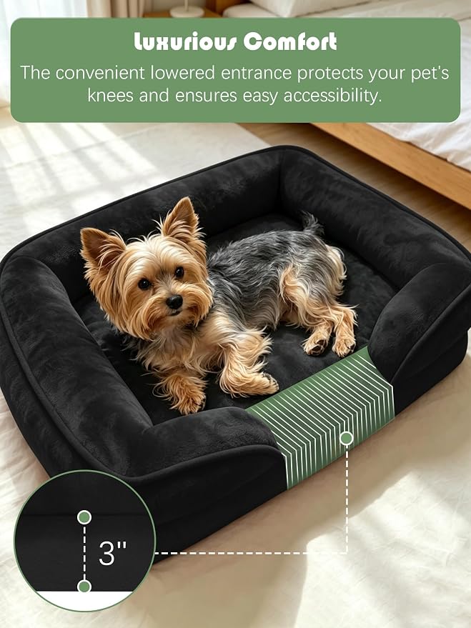 Spotted Play Orthopedic Dog Bed with Sides - Sofa Beds for Small Dogs, Supportive Foam Pet Couch Bed with Washable Removable Cover, Waterproof Lining and Non-Slip Bottom, Black - S