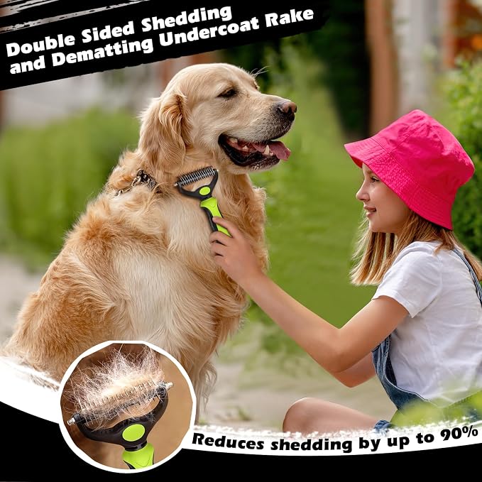 Professional 3PCS Self Cleaning Slicker Brush & Pet Grooming Rake & Flea Comb for Dogs,Cats and Horses | Double-Sided Dematting Comb & Skin Friendly Deshedding Grooming Tool | Pet Supplies (Green)