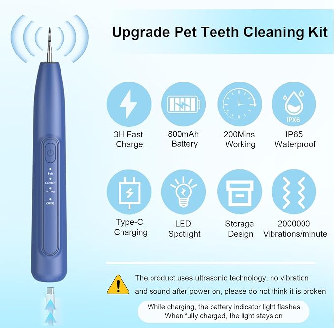 Ultrasonic Dog Plaque Remover Tool, 3 Modes Plaque and Tartar Remover for Dogs, Low Noise Sonic Dog Tartar Remover Dogs Plaque Remover with Toothbrush 2 Cleaning Head for Pet Dental Care, Blue