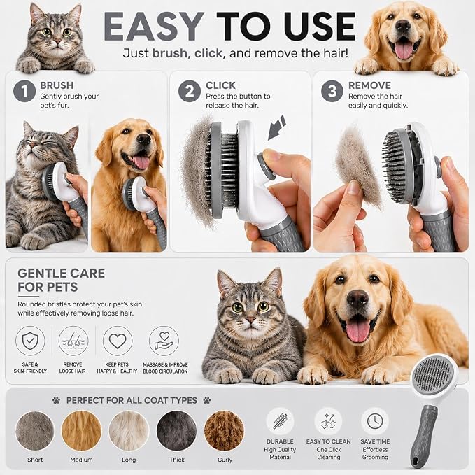 Pet Grooming Deshedding Brush, Self-Cleaning Massaging Brush for Dogs and Cats, Short and Long Hair (Rray)