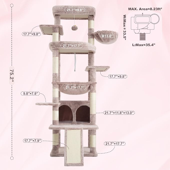 Heybly Tall Cat Tree for Large Cat, 80-inch Multi-Level Cat Tower HCT038MU | Condo Furniture for Indoor Cats with Large Baseboard, 2 Widened Plush Perches, Scratching Board, Big Caves, Rosy Brown
