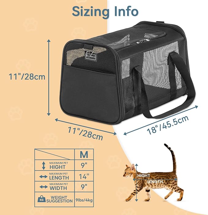 Airline Approved Cat Carrier, Soft-Sided Collapsible Pet Carrier for Travel, 3 Carrying Ways, Lightweight and Ventilation on 5 Sides, Escape Proof, with Soft Fleece Pad