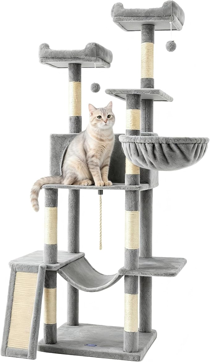Multi-Level Cat Tree for Large Cats,63 Inches Heavy Duty Cat Tree for Indoor Cat Big Cat Tower with Sisal Scratching Posts Padded Platform, Hammock and Condo