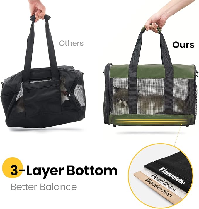 Conlun Cat Carrier Airline Approved, Soft-Sided Dog Carrier with Inner Safety Leash, Pet Transport Carrier for Small-Medium Cats Puppies up to 15 Lbs, Collapsible Travel Kitten Carrier Bag -Green M