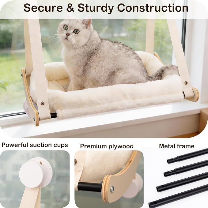 Cat Window Perch with 4 Strong Suction Cups | Cat Hammock for Window, Easy Assembly, Solid Wood Frame with Large Cats Bed, Supports Up to 40lbs for Indoor Cats