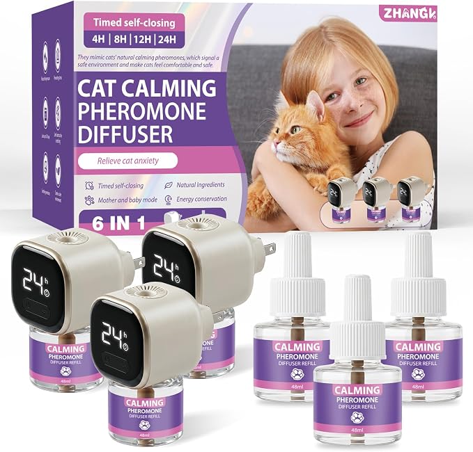 Cat Calming Diffuser Kit with Timer And Memory Adjustable 4/8/12/24H Cat Pheromone Diffuser 3-Pack (48ml Each) Helps Reduce Stress, Spraying, Fighting, Excessive Meowing & Scratching Fits All Cats