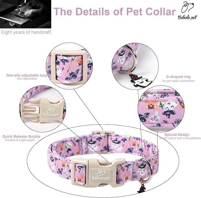 Halloween Dog Collar Cute Wizard Ghost Puppy Collar - Light Comfortable Adjustable Pet Collars for Small Medium Large Girl Boy Dogs L