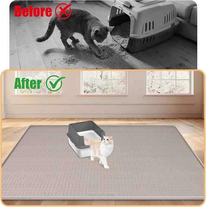 Silicone Cat Litter Mat 47" x 35" Cat Mat for Litter Box, Khaki | Extra Large Cat Litter Trapping Mat for Floor, Waterproof, Non-Slip Kitty Litter Box Mat with Raised Edge, Easy to Clean