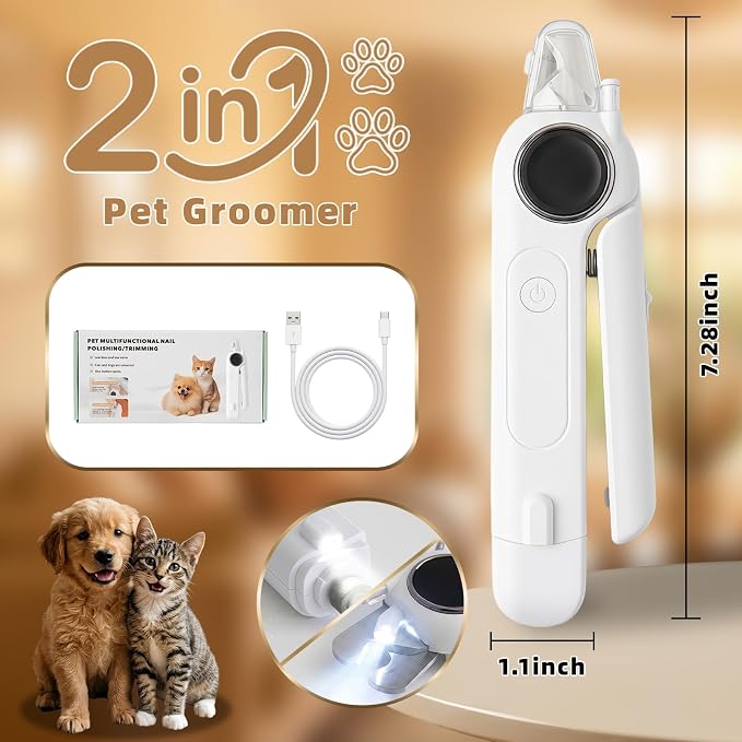 2-in-1 Quiet Electric Pet Nail Clipper & Grinder with Light for Dogs Cats | 3-Speed Grinding, Nail Catcher, Safety Guard, Low-Noise Motor, USB Rechargeable Design for Stress-Free Home Grooming