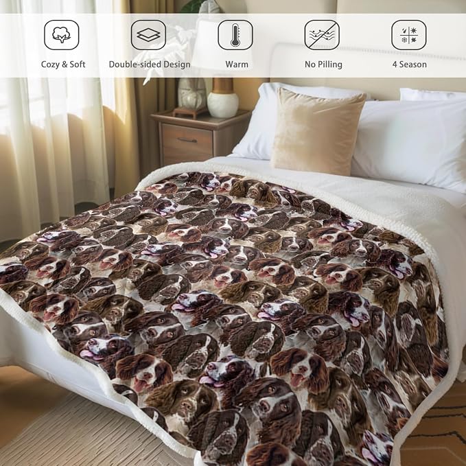 BlessLiving English Springer Spaniel Throw Blanket for Women Kids, Fuzzy Warm Fleece Couch Throws, Animal Dogs Printed Sherpa Blanket Plush House Warming Decor Gifts (50"x60")