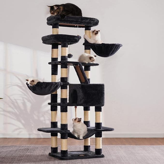 Heybly Cat Tree, 68 inch Multi-Level Cat Tower for Indoor Cats HCT025G | Cat Condo with 2 Widened Plush Perches, 2 Cozy Baskets, Scratching Board and Big Caves, Smoky Gray