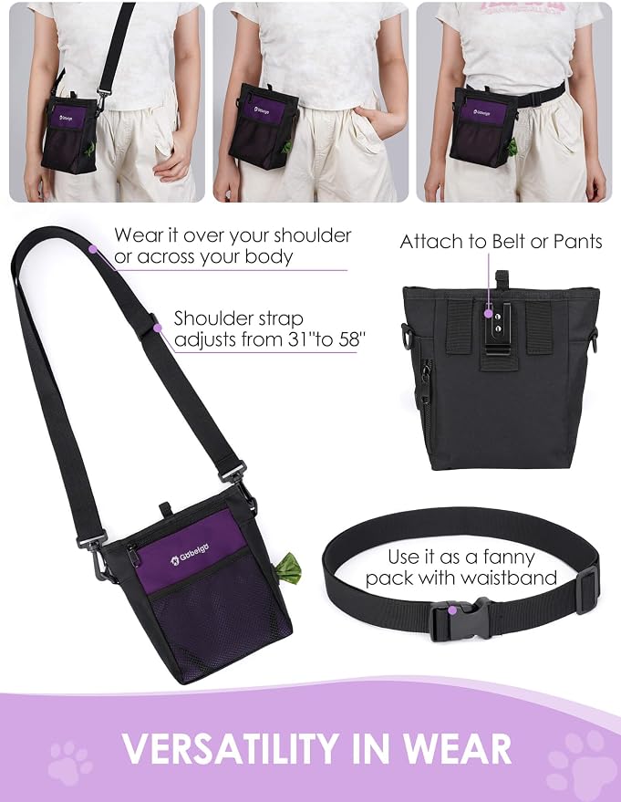 4 Cup Dog Treat Pouch with Silicone Insert Bag& Clicker(Purple) | 2 Pair Magnetic Closures, Belt Clip/Waist Belt/Crossbody Wear, Zipper Pocket Poop Bag Holder for Pet Training/Daily Walking