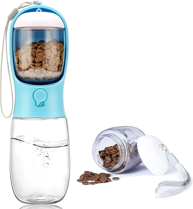 Dog Water Bottle with Food Container, Portable Leak Proof Pet Water Dispenser for Walking Hiking Travel, Puppy Essentials Accessories for Small Large Dogs, Dog Gifts (10oz/15oz/19oz)
