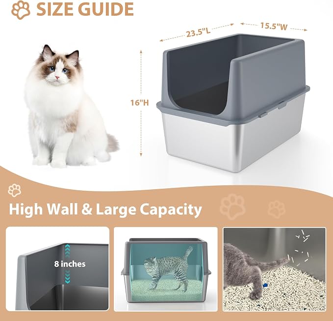 Stainless Steel Cat Litter Box with Lid, Covered Litter Box for Large Cats, 16" High Sides Enclosed Cat Litter Boxes, Extra Large Litter Box with Grey Lid, XL Metal Litter Pan, Easy to Clean