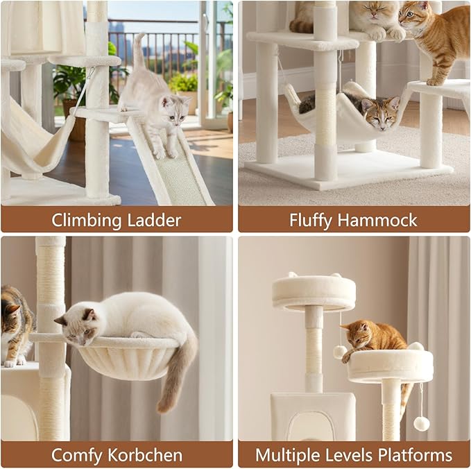 DUMOS Tall 75 inch Cat Tree Tower with Scratching Posts, Indoor Cats Use | Large Multi Level Cat Climbing Tower with Condo, Platform, Hammock, Basket, Pet Tree House for Kittens Play, Beige