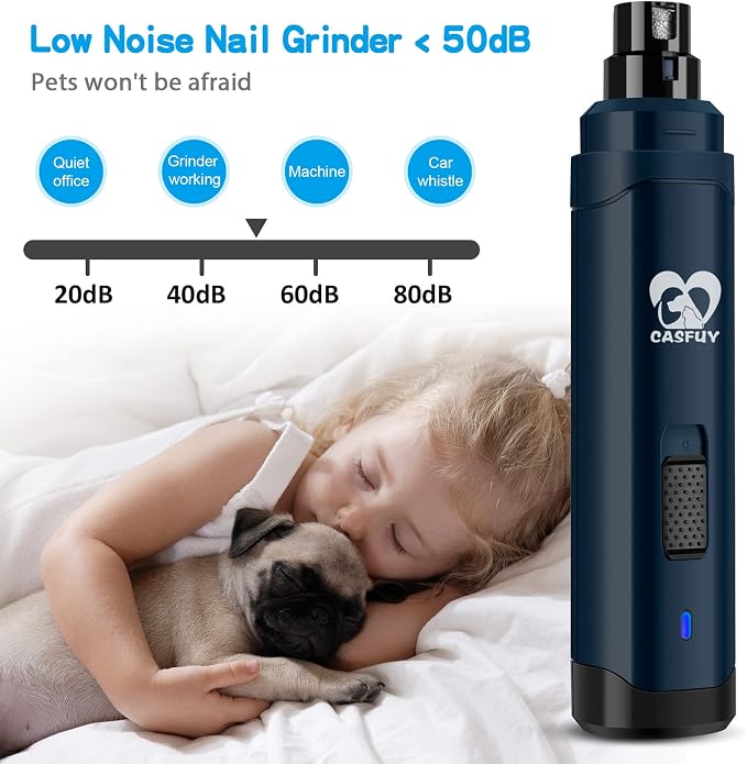 Casfuy Dog Nail Grinder Upgraded - Professional 2-Speed Whisper-Quiet Electric Pet Nail Trimmer Painless Paws Grooming & Smoothing for Small Medium Large Dogs & Cats (Dark Blue)