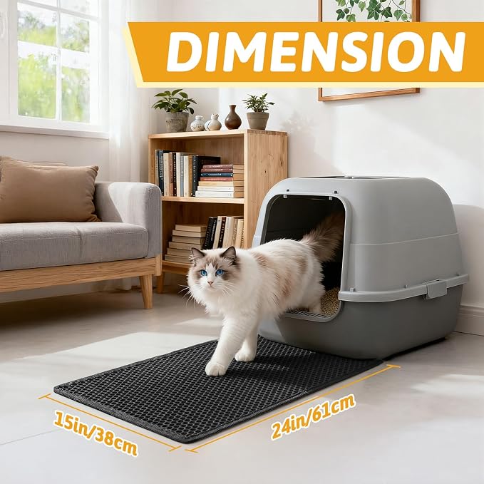 Pieviev Litter Mat, Double-Layer Waterproof Trapping Mat, 24" x 15" Black | Honeycomb Design Catches Scattered Particles to Stop Tracking, Urineproof Base Protects Floors, Easy to Clean