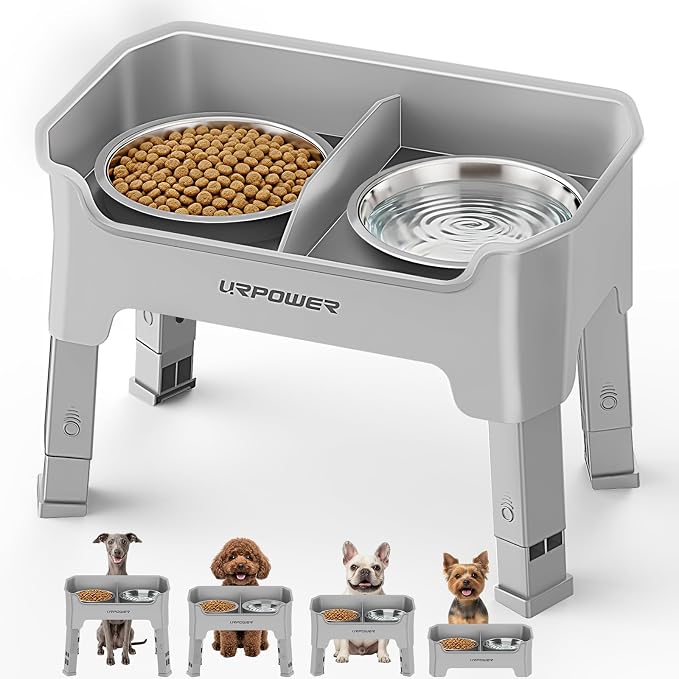 URPOWER Mess Proof Elevated Dog Bowls 4 Height Adjustable Raised Bowl Stand with 2 Stainless Steel Dog Bowls Non-Slip Food and Water Bowl Set for Small Dogs, Light Grey