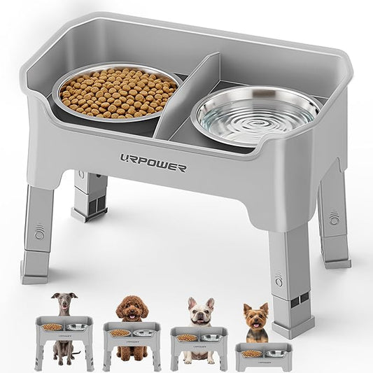URPOWER Mess Proof Elevated Dog Bowls 4 Height Adjustable Raised Bowl Stand with 2 Stainless Steel Dog Bowls Non-Slip Food and Water Bowl Set for Small Dogs, Light Grey
