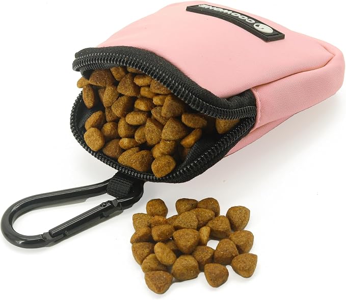 Dog Treat Pouch Pocket Sized Pet Puppy Training Pouch for Dog Training Behavior Aids, Waterproof Nylon Fabric Dog Poop Bag Holder, Hands Free Dog Walking Bag with Metal Carabiner (Pink)
