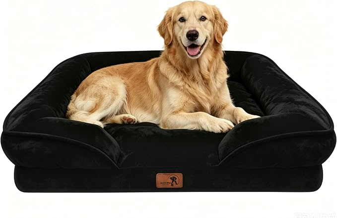 Spotted Play Orthopedic Dog Bed with Sides - Sofa Beds for Extra Large Dogs, Supportive Foam Pet Couch Bed with Washable Removable Cover, Waterproof Lining and Non-Slip Bottom, Black - XL