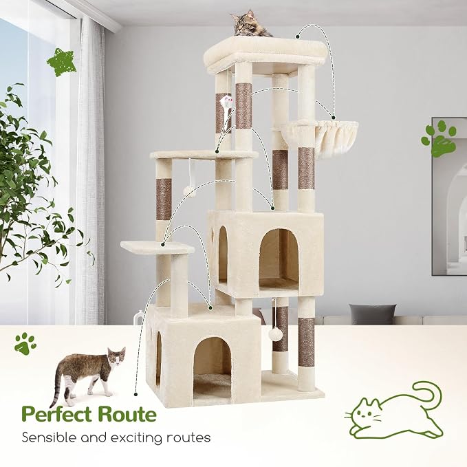 Globlazer Heavy Duty Cat Trees for Big Cats Maine Coon, F61, Beige | Cat Tower for Indoor Large Adult Cats with Scratching Post, Extra Large Top Perch, Cat Condos, 61inch