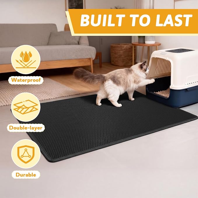 Pieviev Litter Box Mat, Double-Layer Waterproof Design, 47" x 36" Black | Honeycomb Litter Trapping Mat Captures Scattered Particles to Stop Tracking, Waterproof Base Protects Floors, Easy to Clean