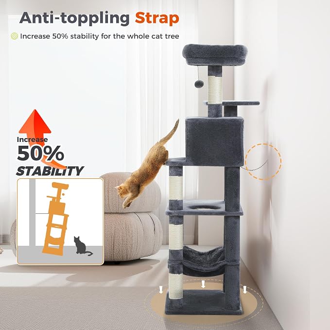 PEQULTI 56.3'' Cat Tree for Indoor Cats, Multi-Level Cat Tower with 2 Top Perch, Cat Condo, Hammock and Sisal-Covered Scratching Post, Smoky Grey