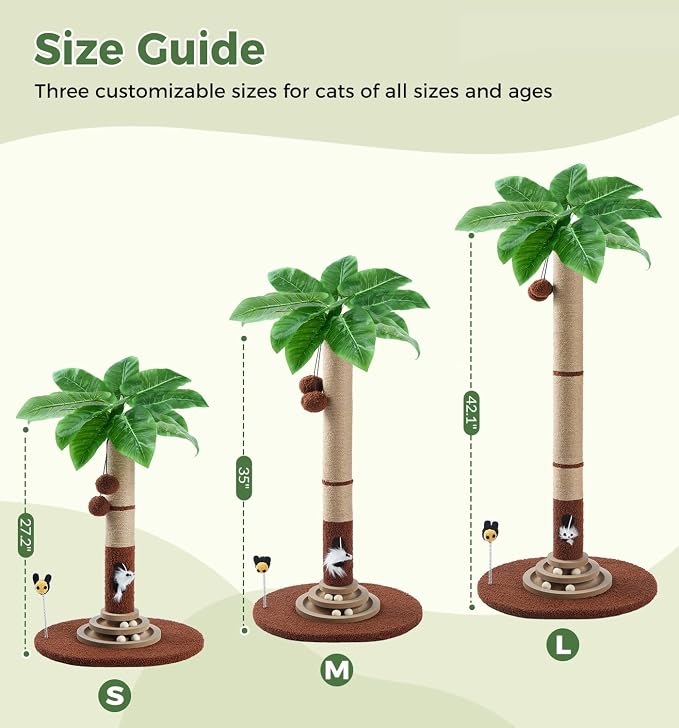 Made4Pets 27" Tall Cat Scratching Post with Sisal Rope, Interactive Hanging Balls, Toy Mouse and Two-Layer Ball Track Kitten Toys, Palm Tree Cat Scratcher Tower for Indoor Cats and Kittens