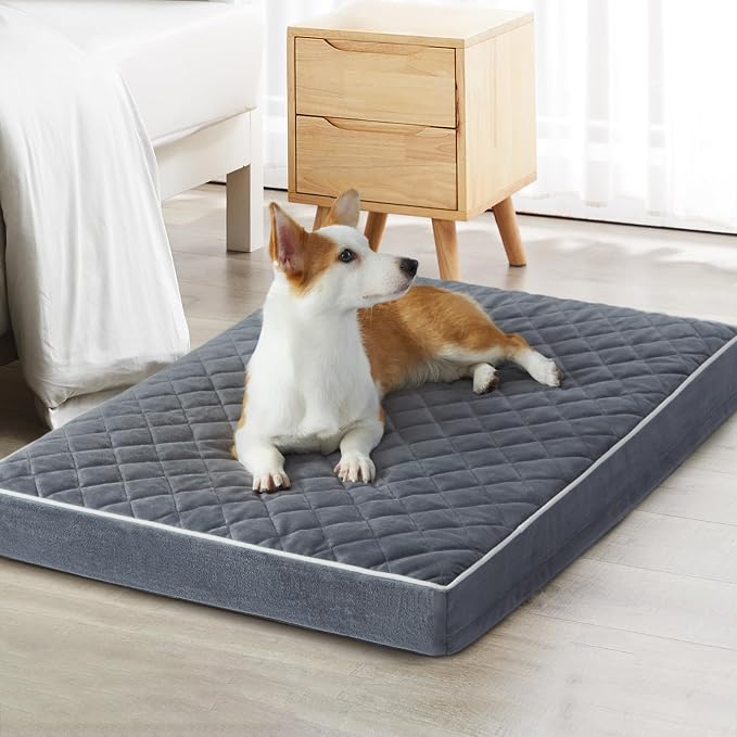 WNPETHOME Orthopedic Waterproof Large Dog Bed for Crate Cozy Sleep | Washable Large Pet Bed with Removable Cover, Multi-Needle Quilting Dogs Crate Beds Grey 35x22 Inch