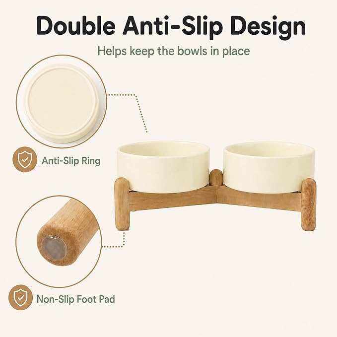 Havniva Ceramic Dog Bowls Elevated, Raised Dog Food Bowl for Puppies | 5.1” Elevated Dog Bowls, Non-Slip Wood Stand, Dog Food and Water Bowl Set, Dog Feeding Dish, Large Capacity Pet Water Bowl