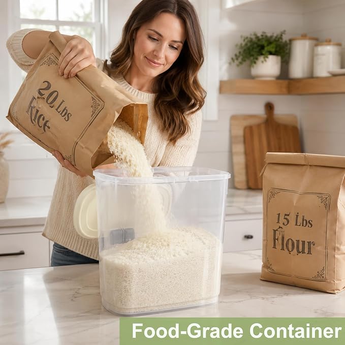 Large Rice Storage Container 15-20 Lbs, Tall Flour Container Dry Food Bin | Slim Food Container with Scoop, Cup for Cereal, Sugar, Beans, Pet Dog Cat Food, Kitchen and Pantry Storage Organization